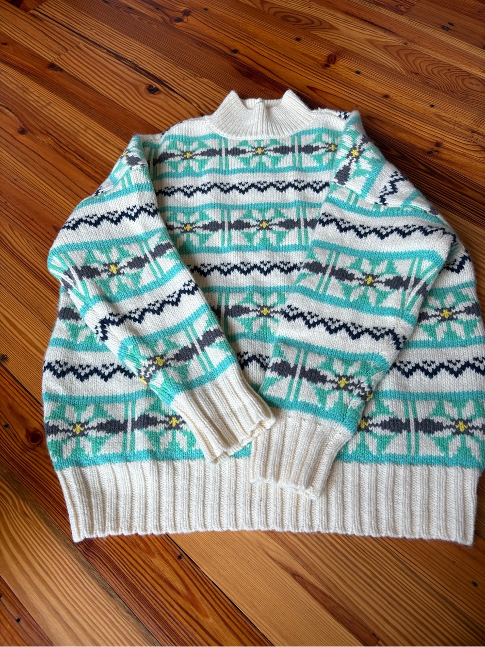 American Eagle Outfitters Cream & Aqua Patterned Turtleneck Sweater